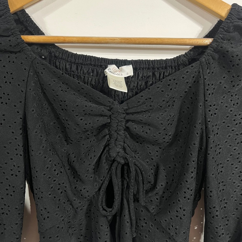 Urban Romantics Eyelet Babydoll Smocked Crop Top Puff Sleeve Small Dark Coquette - Picture 3 of 9